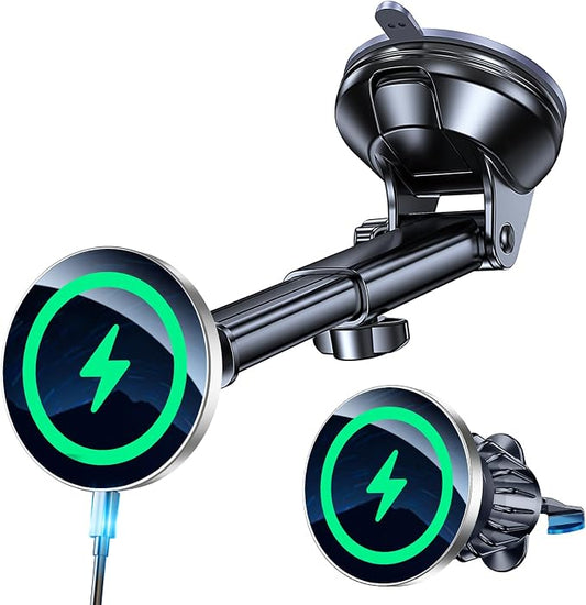Coolpow for MagSafe Car Mount Charger【Ultra Magnet】 Magnetic Phone Holders for Your Car Charger【Windshield+Vent+Dash】 Magnetic Wireless Car Phone Holder Charger Car Mount for iPhone 17 (Gray) by Coolpow