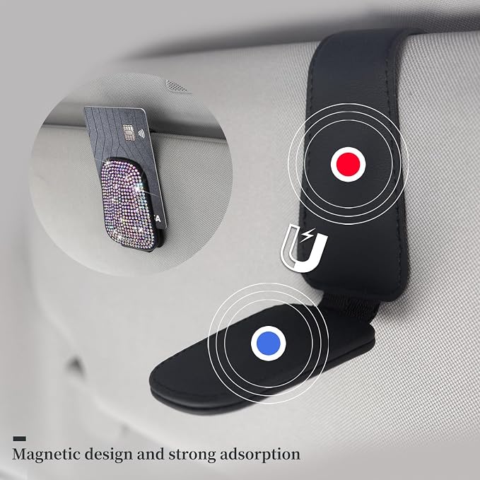 Yuchew Bling Sunglass Holder for Car Visor Magnetic Leather Sunglasses Visor Clip, Eyeglass Hanger Ticket Card Clip - Image 5