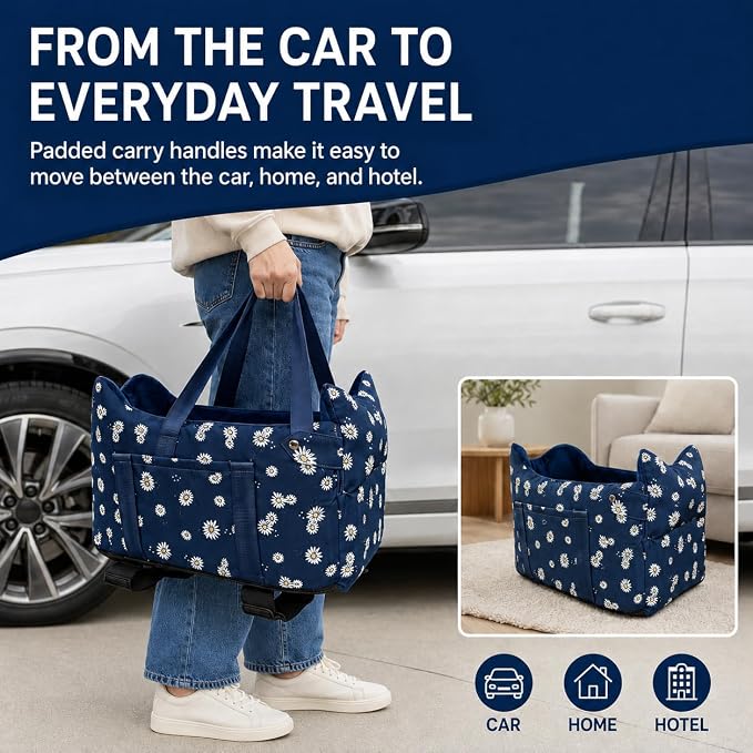 Center Console Dog Car Seat Safe Travel for Small Dogs Under 15 lbs | Detachable Washable Pet Carrier with Storage Pockets & Safety Leash,Navy Blue - Image 3