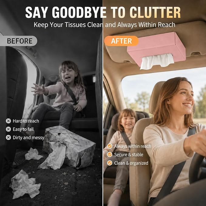 Car Tissue Holder with Magnetic & Strap Mount, Pink, 1 Pack | PU Faux Leather, For Sun Visor, Seat Back, Console, Refrigerator, Fits Standard Tissue Packs - Image 3