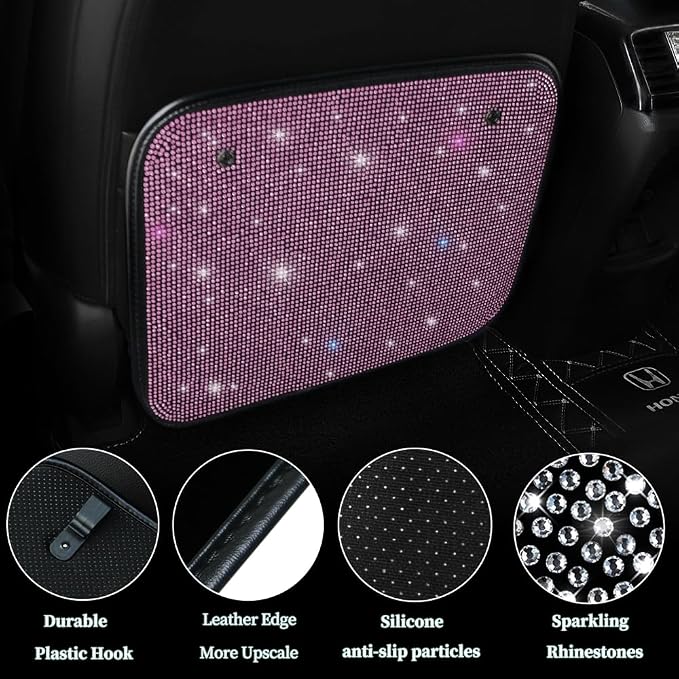 Luster Crystal Car Seat Back Protectors Automobile Kick Mats with Sparkling Rhinestones, Bling Bling Diamond Auto Seat Back Kick Protectors Interior Accessories Universal Fit Pink 2Pcs - Image 2
