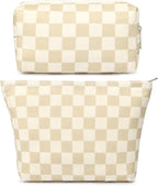 SOIDRAM 2 Pcs Checkered Makeup Bag Large Cosmetic Bag Toiletry Bag Makeup Pouch Travel Bag Organizer Cute Makeup Brushes Aesthetic Accessories Storage Bag for Women Brown Checkered by SOIDRAM