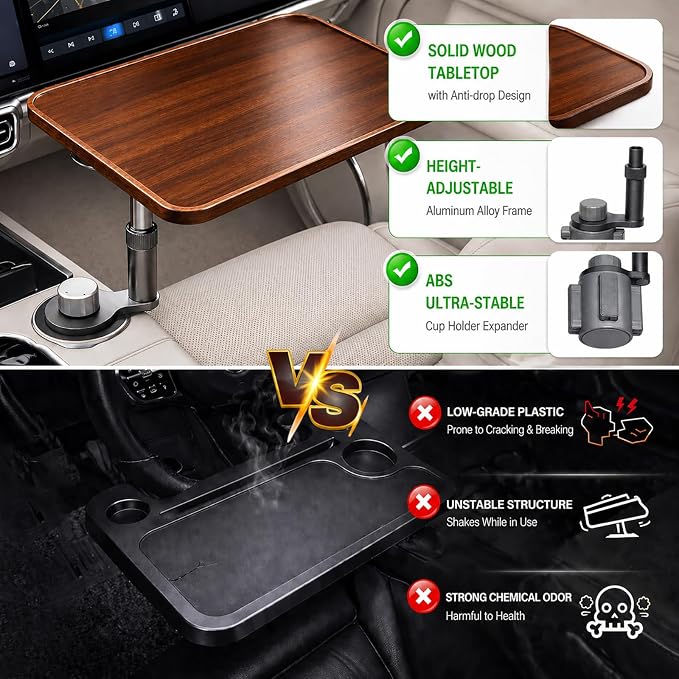 Wisamic Car Table Tray & Car Desk for Laptop - 360° Wooden Cup Holder Table | 360° Rotation Drive Thru Car Food Tray, Height-Adjustable Car Laptop Desk Mount, Fits for Tesla Model Y/3/S and Most Vehicles - Image 3