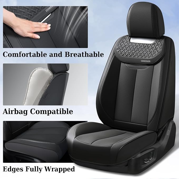 Coverado Car Seat Covers Full Set, Luxury Nappa Leather Seat Cover, Universal Seat Covers for Cars, Front and Back Waterproof Seat Cover Car Seat Protector Fit for Most Cars(Black) - Image 4
