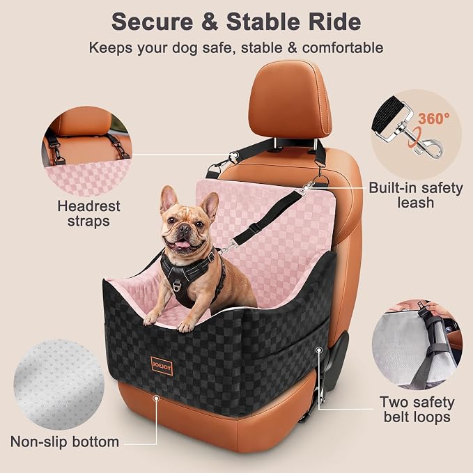 JOEJOY Elevated Dog Car Seat for Small/Medium Dogs up to 35 lbs, Memory Foam Booster Seat with Detachable Washable Cover, Travel-Safe Car Bed with Safety Belts & Storage Pockets, Pink - Image 5