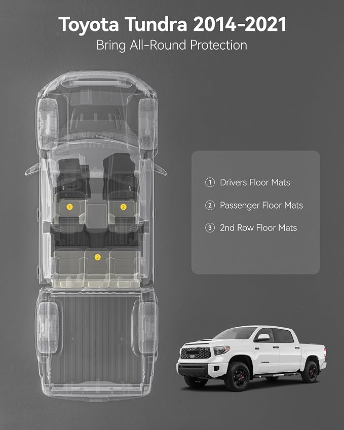 3W Floor Mats for Toyota Tundra 2014-2021 CrewMax Cab, TPE All Weather | Custom Fit; Fits SR5/TRD/Limited; Full 1st & 2nd Row Set; Easy Clean, No Gaps or Shifting, Black - Image 8