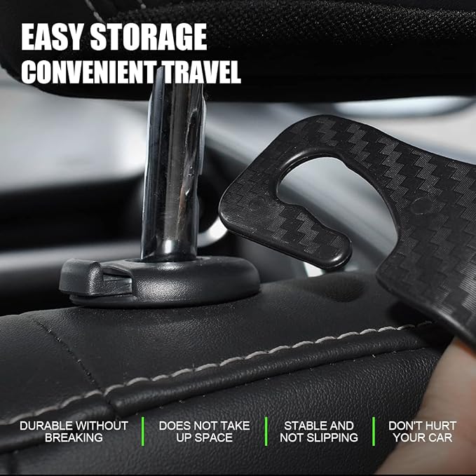 4 Pack Headrest Hooks for Vehicle Seats, Carbon Fiber/Black | rear-row hanging storage, supports bags coats and groceries, fits matching headrest posts, interior accessory - Image 4