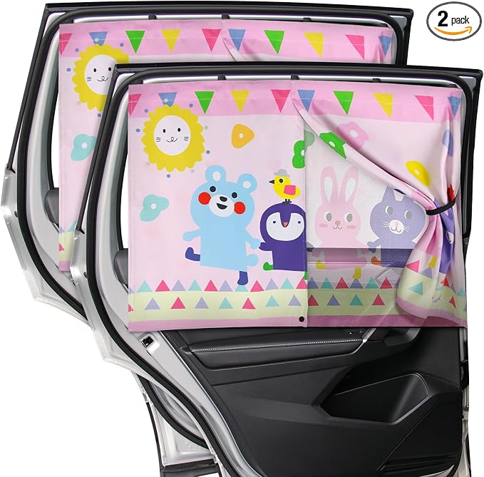 Car Window Shade for Baby, 2pcs Magnetic Auto Sun Shades for Side Windows Double Layer Full & Half Shade Options, Cute Patterns Car Window Curtains for Sun Glare Block by DIZA100