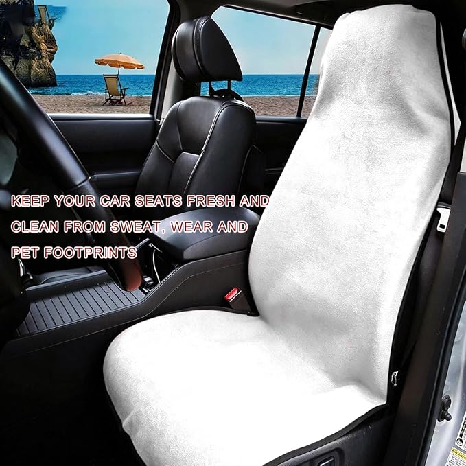 2PCS Car Towel Seat Cover, Waterproof Non-Slip Front Seat Protector for Post Gym Workout Beach Hiking, Sweatproof Washable Bucket Seat Protective Cover for Car SUV Truck Sedan (White) - Image 4