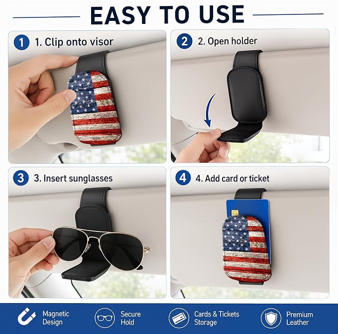 Leather Magnetic Sunglass Holder for Car Sun Visor, Cute Eyeglass Ticket Card Hanger Clip, Universal Auto Interior Accessories for SUV Pickup Truck, USA Flag - Image 5