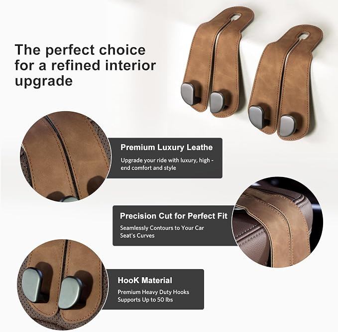 CoBak Purse Hook for Car - Universal Premium Stitched Leather and Aluminum-Magnesium Alloy Double Car Seat Back Storage Hook for Purses, Handbags, Bags (4 Pack),Brown - Image 2