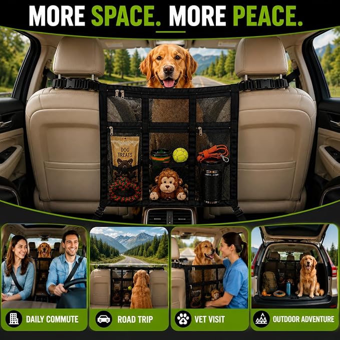Dog Car Barrier 2026 Upgrade, Double Layer Mesh Dog Net for Car Divider with Storage Organizer, Universal Fit for SUVs, Sedans & Trucks, Easy to Install & Breathable Vehicle Travel Fence - Image 6