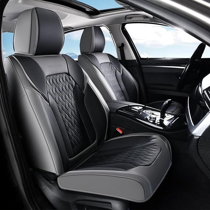 Seat Covers, Car Seat Covers Front Seats, Luxury Nappa Leather Seat Covers, Breathable and Waterproof Car Seat Protector 2 Seat, Automotive Seat Covers Universal for Most Cars-Gray&Black by FLORICH