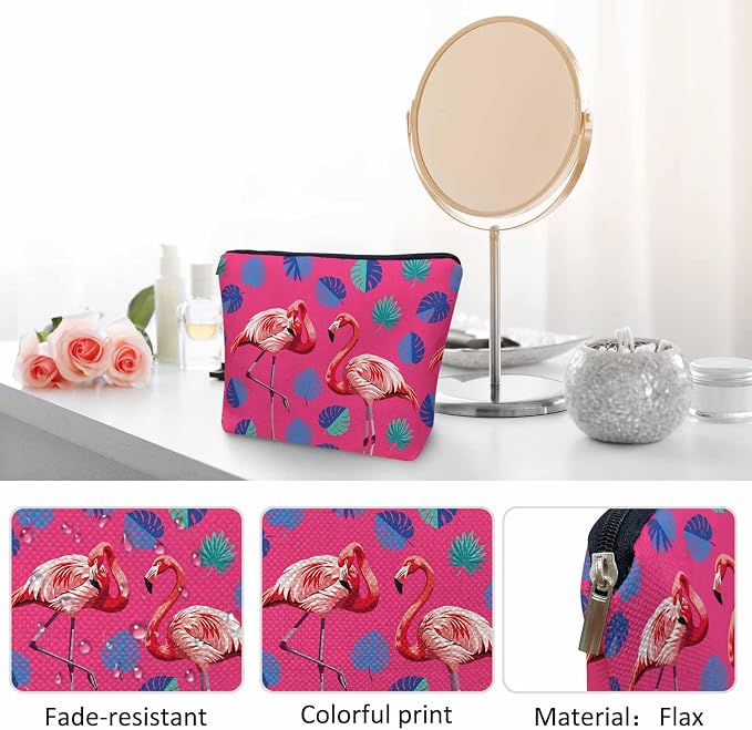 Flamingo Makeup Bag For Women, Adorable Cosmetic Pouch With Tropical Leaves Palms Pattern, Pink Zipper Travel Toiletry Organizer For Gym and Bathroom - Image 5