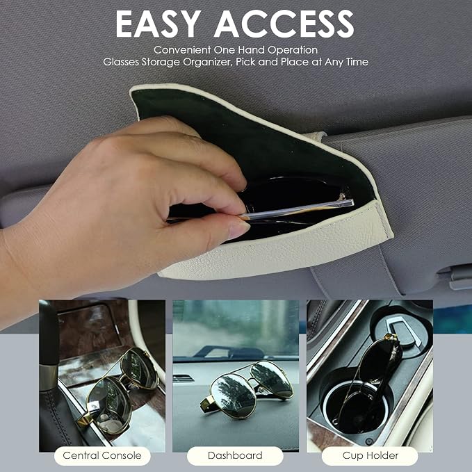 Magnetic Sunglass Holder for Car Visor, Leather Car Glasses Holder | Beige Visor Accessories Eyeglasses Holder Glasses Storage Case - Image 4