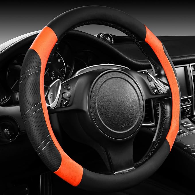 CAR PASS Leather Steering Wheel Cover and Waterproof Car Floor Mats,Microfiber Universal Car Combo Fit for 95% Sedan SUV Van Truck,14.5-15inch Sporty Anti-Slip Safety Comfortable Design, Black＆Orange - Image 7