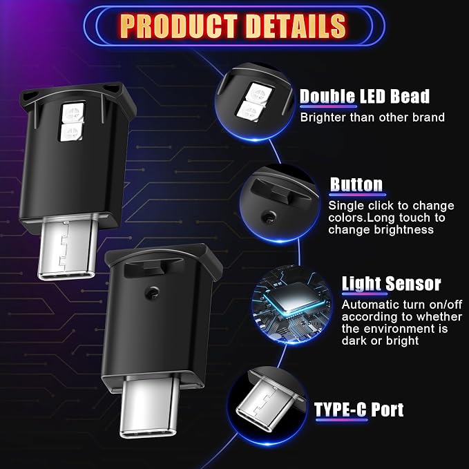 Frienda 4 Pieces Mini USB LED Light, Car LED Interior Lighting 5v Smart USB Atmosphere Light, Laptop Keyboard Office Decoration Night Lamp, Adjustable Brightness, 8 Colors (Type C) - Image 3