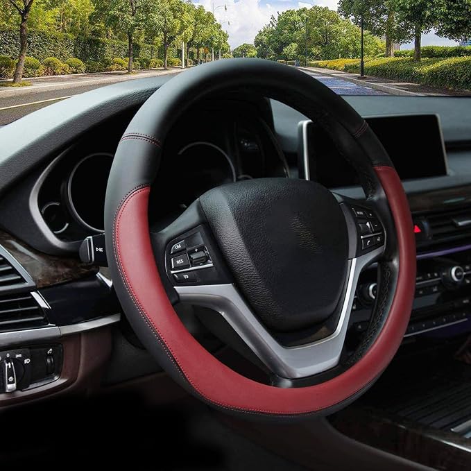 Microfiber Leather Steering Wheel Cover Large-Size for F150 F250 F350 Ram 4Runner Tacoma Tundra Range Rover Model S X with 15 1/2 inches-16 inches Outer Diameter (Wine Red) by Valleycomfy