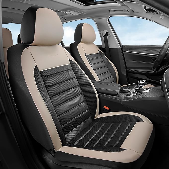 Coverado Car Seat Covers Full Set, Luxury Leather Car Seat Covers, Automotive Front and Rear Mesh Seat Covers, Full Set 5 Seats, Black Beige Seat Covers for SUV Sedan Truck - Image 2