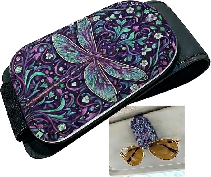 Dragonfly Car Sunglasses Holder Universal Magnetic Visor Accessories | Cute Dragonfly Cars Accessories Leather Glasses Clip for Sun Visor Eyeglass Hanger Organizer for Women and Men Gifts Decor by TRXYQ