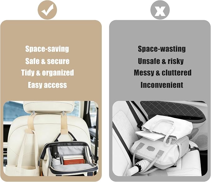 2-Pack Car Headrest Hooks, 1.1-Inch Wide Purse Hangers, Beige | Microfiber leather hooks with built-in metal cores keep purses, groceries and backpacks organized and within reach - Image 7