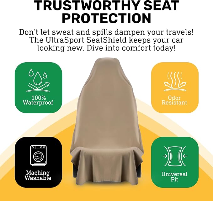 UltraSport Waterproof Towel Car Seat Cover, Universal Fit, Sweatproof & Odor-Resistant Front Seat Protector, Quick-Dry, Machine Washable for Gym, Pets, Travel, Outdoor Adventures, Tan, 2-Pack - Image 2