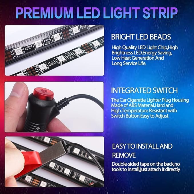 EJ's SUPER CAR 4PCS 48 LED Car Interior Lights, RGB Under Dash Lighting Kit | 12V Car Charger, Wireless Remote, Waterproof Multicolor LED Strips with Multi-Mode Change for Car Interior - Image 5