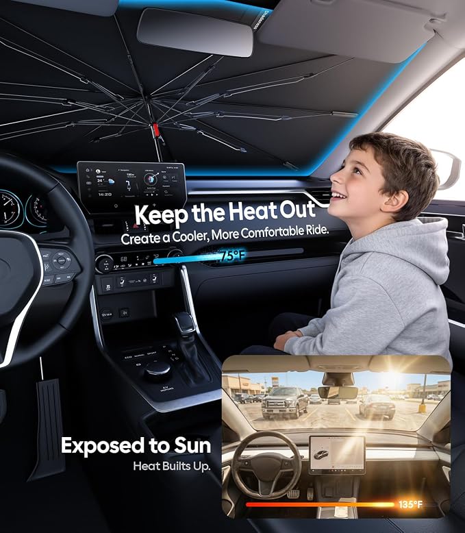 Wigoo Car Windshield Sun Shade Umbrella, A7 (43.5 * 21.9 in) | Universal, UV Block & Heat Insulation, Reinforced Shaft, Foldable Sunshade, Keeps Car Cool & Protects Interior - Image 2