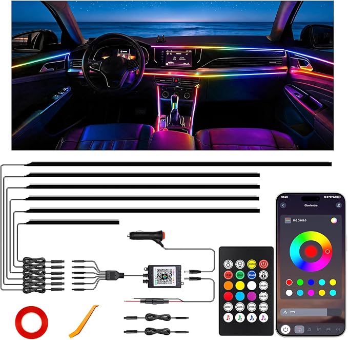 Car LED Strip Lights, Interior Acrylic LED Lights for Car with Dynamic Rainbow Dream Color Chasing, Ambient Lighting Kits Music Sync (6 in 1(4 * 29.5"+43.3"+14.5")) by Unknown