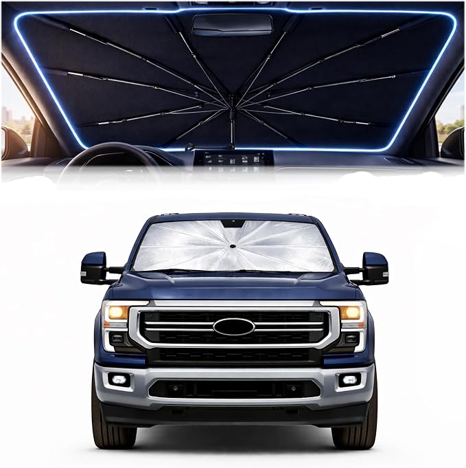 Car Windshield Sun Shade Umbrella for Ford F-250 2021-2026 | 2026 Upgraded,Custom-Fit Umbrella Sunshade,Easy Install,UV Protection & Heat Reflective,Keep Interior Cooler with Storage Bag by Unknown
