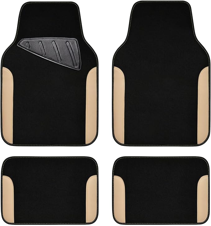 CAR PASS Waterproof Car Floor Mat, Universal Fit Car Mats with Driver Heel Pad, Leather Car Carpet, Anti-Slip Nibbed Backing Floor Mats for SUV, Vans,Sedan,Truck, Automotive Floor Mats (Black Beige) by CARPASS