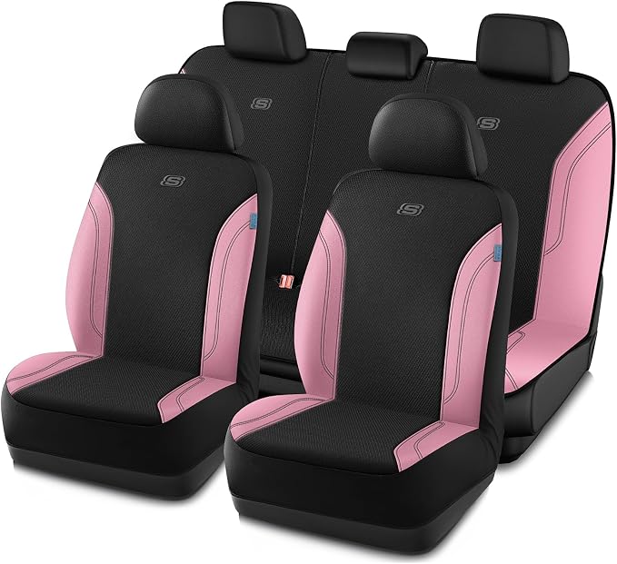 Skechers Work Seat Covers, Leather Car Seat Covers 5-Times Stronger Built-in Webbing, Oxford Fabric Seat Cover Full Sets, Airbag Compatible, Automotive Comfort for Cars, Trucks, SUVs,Pink by Unknown