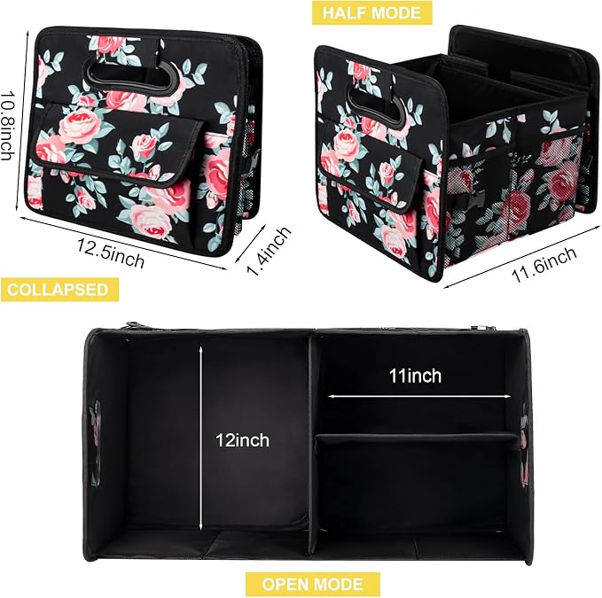 Car Trunk Organizer, Collapsible Car Organizers and Storage Black Floral | Sturdy, Large Capacity, Clean Decor, Multi Compartment Container Box, Adjustable Car Accessories for SUV Sedan Truck - Image 5