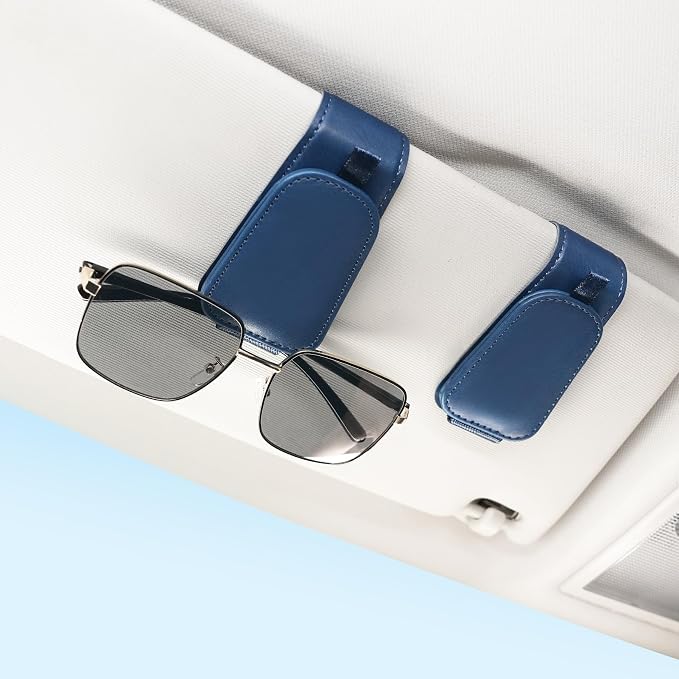 SINGARO 1 Pack Sunglass Holder for Car Visor Sunglasses Holder Clip, Universal Non-Slip Magnetic Leather Glasses Eyeglasses Hanger Mounter, Truck Interior Car Visor Accessories for Woman Man, Blue by SINGARO