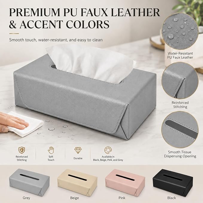Car Tissue Holder with Magnetic & Strap Mount, Gray, 1 Pack | PU Faux Leather, For Sun Visor, Seat Back, Console, Refrigerator, Fits Standard Tissue Packs - Image 8