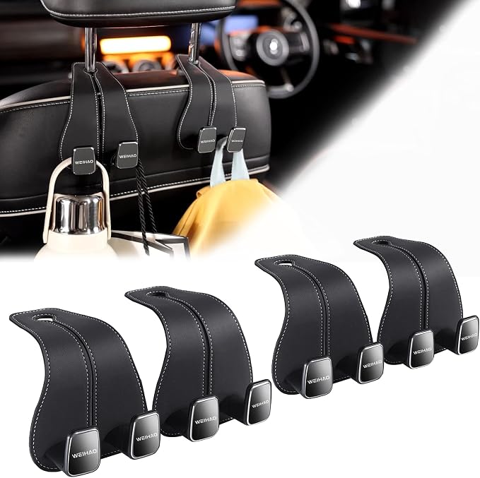 WEIHAO Wide Purse Hook for Car, Twin Hook Leather Car Headrest Hangers, Car Seat Back Storage Hook, Headrest Hooks Purse Bag Holder for Car Universal Fit Sedan Trucks SUVs Most Vehicles (Black-4PCS) by WEIHAO