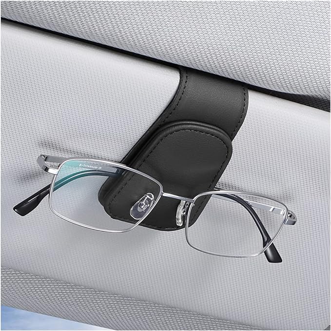 AICEL Sunglasses Holders for Car Sun Visor, Leather Magnetic Clip, Black | Leather Eyeglasses Hanger Mounter, Magnetic Glasses Holder and Ticket Card Clip, Car Accessories, Universal Fit by AICEL