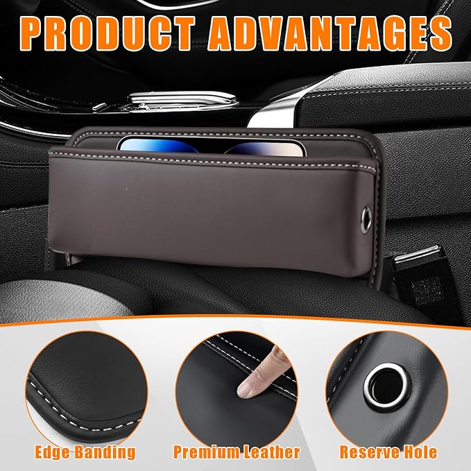 Ziciner Car Seat Gap Organizer, Premium Leather Auto Seat Storage Box, Vehicle Adjustable Front Seat Gap Filler, Car Seat Side Pocket Organizer for Phones, Glasses, Keys, Money, Cards (Coffee) - Image 3