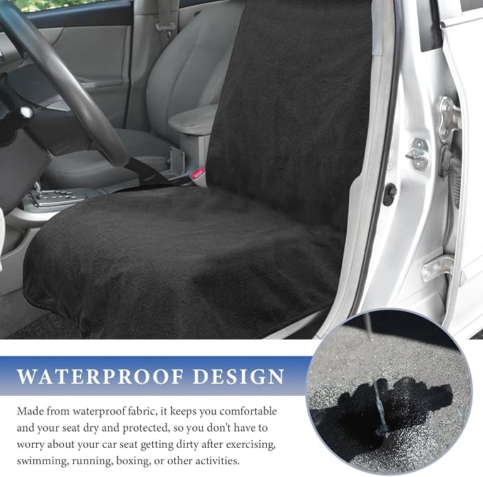 Car Towel Seat Cover, Waterproof Sweating Towel Non-Slip Front Seat Protector, Universal Soft Carseat Protective Cover for Gym Workout Running Swimming, Car Accessories (Black) - Image 4