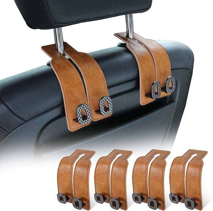 Car Headrest Hooks Universal Car Purse Hook Premium Leather and Alloy Twin Hook Car Seat Back Storage Hanger Hook for Purse Bags Cloth Drink Durable Holder Car Accessories (BH09-Brown-Black-4 Pcs) by GELVTIC