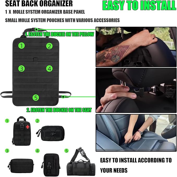 7 PACK Tactical Seat back organizer Truck organizer With 6 Detachable Pouches Universal For Car Truck Ford Jeep Military-Grade Heavier Panels With Multi-functional Packs (Black) - Image 5