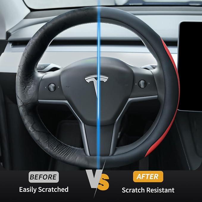 Uxcer Nappa Leather Steering Wheel Cover Compatible with Tesla Model 3/Y 2016-2025 2026 Juniper/Highland, Non-Slip Breathable Model 3/Y Steering Wheel Protector, Red - Image 4
