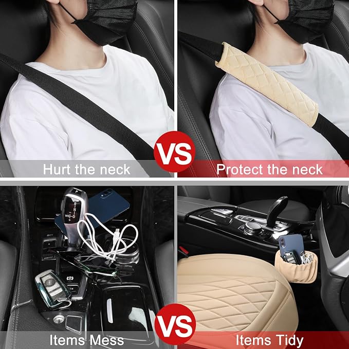 BEITK 1 Pack Waterproof Front Car Seat Cover for Car Truck SUV Beige | PU Leather, Scratch-resistant, Sideless Design, Universal Fit, with Storage Pocket and Seat Belt Pad, Easy to Install - Image 5