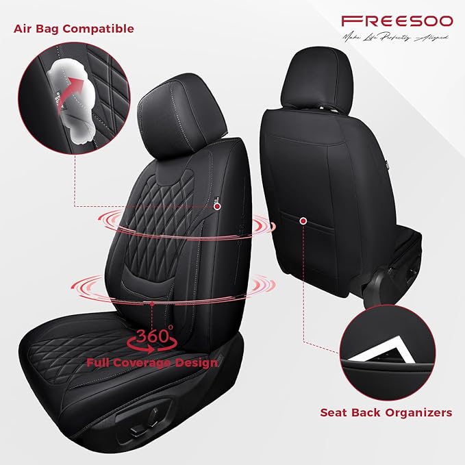 FREESOO Front Seat Covers Faux Leather Waterproof Universal Fit Black | faux leather front seat covers, breathable waterproof, lumbar support, universal fit sedans hatchbacks pickups - Image 2
