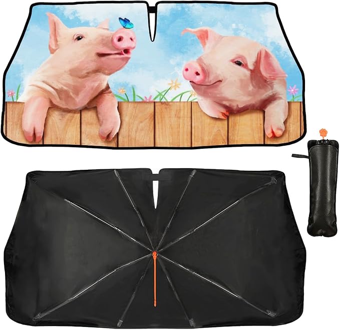 CHILL·TEK Funny Animal Car Windshield Sun Shade Umbrella, Cute Pig Car Sun Shade Umbrella, Block UV Rays Heat Foldable Windshield Umbrella Sun Visor Protector - Keep Vehicle Cool for Cars SUV - Image 2