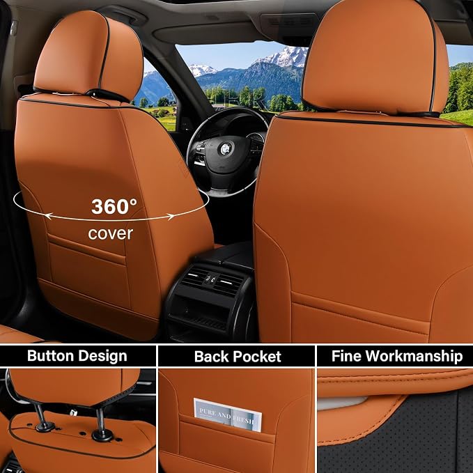 Coverado Seat Covers, Front Car Seat Cover, 2 Pack Breathable Nappa Leather Seat Cover, Waterproof Car Seat Protector, Car Seat Cushion, Universal Auto Seat Covers Fit for Most Cars (Brown&Black) - Image 4