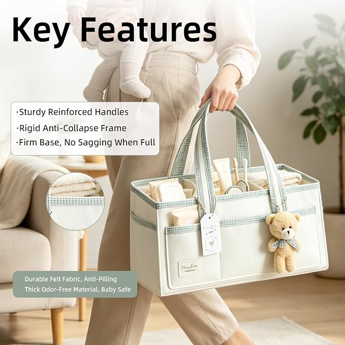 Portable Diaper Caddy Compatible with Skip Hop, Foldable Nursery Storage Tote with Removable Divider, Side Pockets & Cute Bear Pendant for Changing Table, Car & Home - Image 5