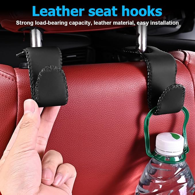 Zpana 2PCS Car Headrest Hooks Genuine U-Shaped Hanging Holder Black | Genuine leather surface, suspended structure, rotates for front or back seat use, universal fit, automotive accessories - Image 3