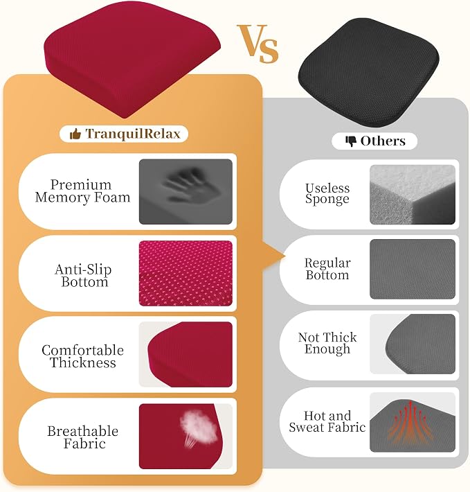 TranquilRelax XL Memory Foam Seat Cushion for Office Chair, 3.35-Inch, Red | Medium-firm Support for Long Sitting, Washable Mesh Cover, Non-slip Base, Perfect for Car Seats & Short Drivers - Image 4