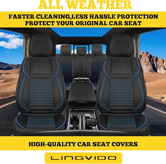 Front Car Seat Covers, Faux Nappa Leather for Sedan SUV, 2 Seats | Waterproof, Breathable and Airbag Compatible, Helps Reduce Slipping, Blue+Black - Image 3